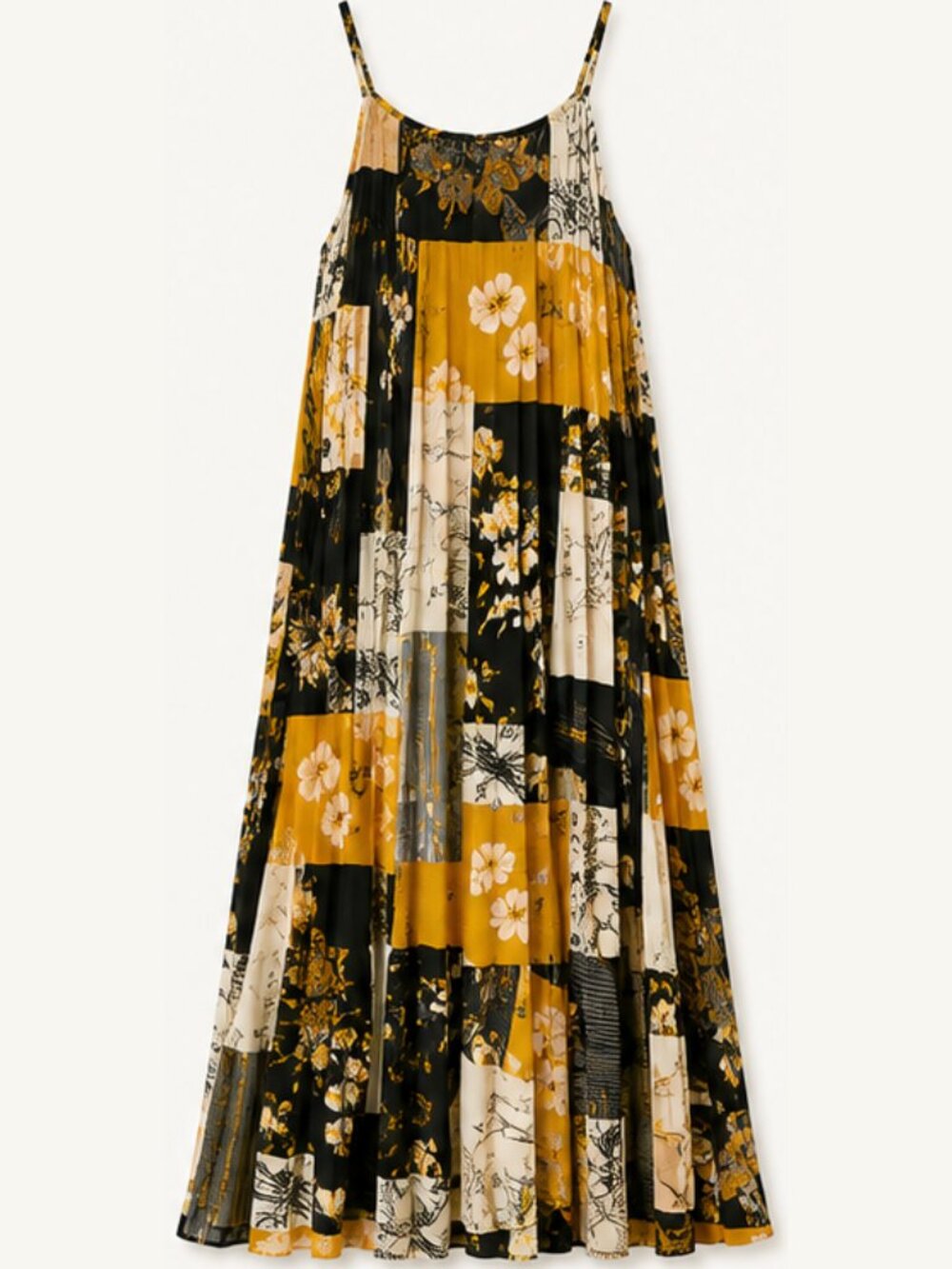 Ellames Pleated Swing Midi Dress L Mustard Floral